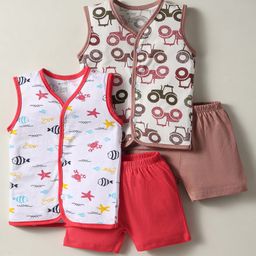OHMS Single Jersey Knit Front Open Sleeveless Shorts Night Suit With Sea Life & Tractor Print Pack Of 2 - Red & Brown-image-32