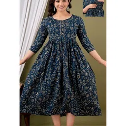 NEVISHA STYLE Cotton Woven Three Fourth Sleeves Floral Printed Maternity Kurta With Concealed Zipper Nursing Access - Blue-picture-20