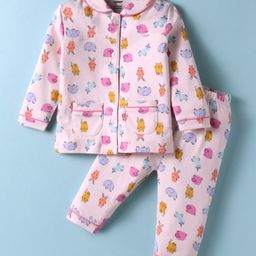 CUCUMBER Sinker Knit Full Sleeves Co-ords Night Suit With Animal Print - Pink-image-50