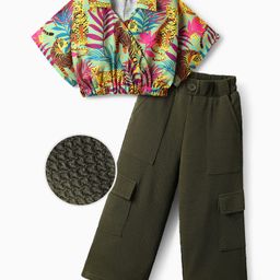 OLLINGTON ST. Woven Half Sleeves Top & Waffle Pant Set With Jungle Safari Theme Print - Olive Green-image-68