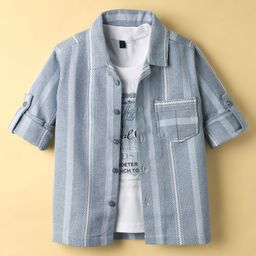 Rikidoos Full Sleeves Striped Shirt & Royal Crown Text Printed Tee Set - Light Blue & White-picture-28