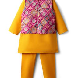 Babyhug Cotton Woven Full Sleeves Solid Kurta Pajama Set with Brocade Print Jacket - Mustard Yellow & Purple-picture-25