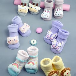 Yellow Bee Cotton Pack Of 6 Animals & Rainbow 3D Applique Detailed Socks - Multi Colour-picture-41