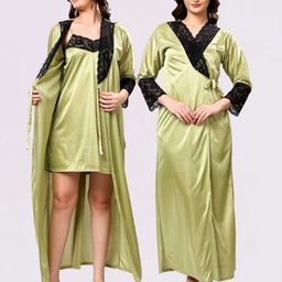 NIGHT KEYS Green Satin Maxi Solid Nightdress-47