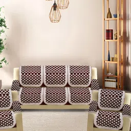 NACIA Maroon & White 12 Pieces Geometric Embroidered Velvet Sofa Covers With Arm Covers-image-65
