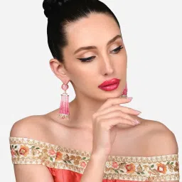Zaveri Pearls Pink Beaded Hanging Traditional Jhumki Earrings-ZPFK15868 image 4