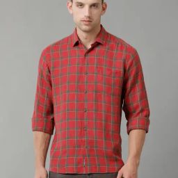 Linen Club Red Regular Fit Check Linen Shirt-image-43