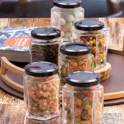 Goodhomes Transparent & Black Glass Storage Jar With Lid - Set of 6-10