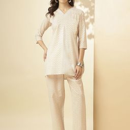 HRITIKA Chevron Printed Pure Cotton V-Neck Tunic With Trousers-20