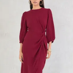 FEMMELLA Maroon Crush Fabric Solid Knotted Dress-picture-22