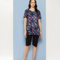 Aarika Black Nylon Printed Short Sleeves Swimsuit With Cap-image-78