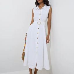 LOV by Westside White Crinkle-Textured Cotton Shirt Dress with Belt-image-10