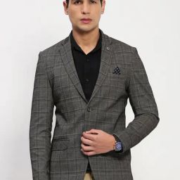 SHOW OFF Grey Cotton Slim Fit Checks Blazer-13