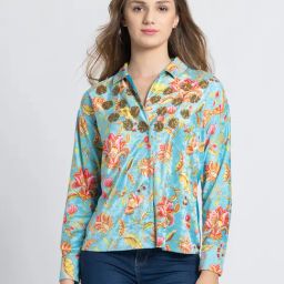 SHAYE Blue Velvet Regular fit Print casual shirts-image-18