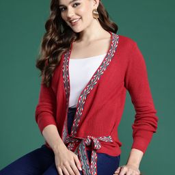 Sangria Acrylic Knitted Ribbed Front-Open Sweater-18