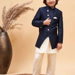 VASTRAMAY Boys Navy & Cream Solid Full Sleeves Indowestern Sets-image-52