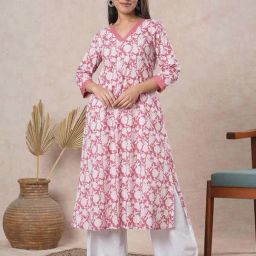 Kami Kubi Pink Cotton Floral Print Straight Kurta-picture-33