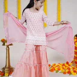 KiddoPanti Girls Floral Embroidered Regular Kurta with Sharara & With Dupatta-image-27