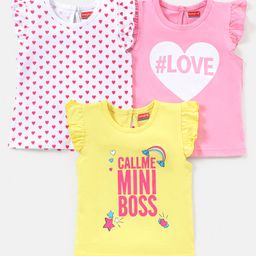 Babyhug 100% Cotton Knit Half Sleeves Love Print & Frill Detailing T-Shirt Pack Of 3 - Pink & Yellow-31