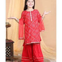 Kinder Kids Half  Sleeves Bandhej Printed & Lace Embellished Kurta  Sharara And Dupatta Set - Red-image-61