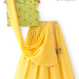 Babyoye Cotton Woven Sleeveless Choli Lehenga Set with Dupatta Floral Embroidery - Yellow & Green-picture-26