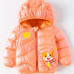 Kookie Kids Full Sleeves Padded Hooded Jacket with Planet & Fox Print - Orange-28