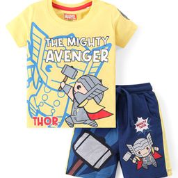 Babyhug Marvel Cotton Knit Half Sleeves T-Shirt & Shorts Set With Thor Graphics - Yellow & Blue-image-32