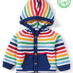 Babyhug Cotton Knitted Full Raglan Sleeves Front Open Hooded Sweater With Striped Design - Navy Blue-image-73