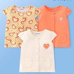 Babyoye Cotton Interlock Half Sleeves Front Open Tops with Hearts Print Pack of 3 - Orange-image-48