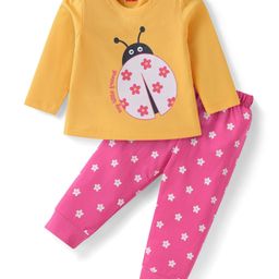 Babyhug Cotton Knit Full Sleeves Night Suit with Floral & Ladybug Print - Orange & Pink-image-20