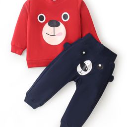 Kookie Kids Terry Knit Full Sleeves Winter Wear Set With Bear Print - Red-image-27