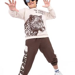 Ollington St. 100% Cotton Knit Full Sleeves Sweatshirt & Joggers Set With Jaguar Print - Beige & Brown-picture-29