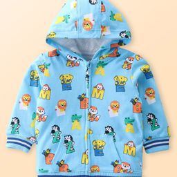 Babyhug Cotton Knit Full Sleeves Hooded Front Open Sweatjacket with Animal & TextPrint - Blue-image-86