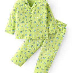 Babyhug Cotton Knit Full Sleeves Front Open Night Suit with Star Print - Green-image-98