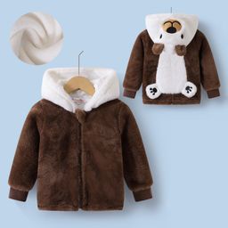 Kookie Kids Full Sleeves Hooded Winter Fur Jacket with Patch & 3D Applique at Back - Brown-image-78