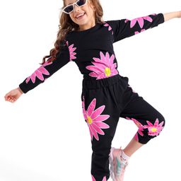 Ollington St. Cotton Knit Full Sleeves Floral Printed Sweatshirt & Joggers Winter Wear Co-Ord Set - Black & Pink-picture-40