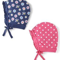 Babyhug 100% Cotton Knit Tie Knot Cap Floral & Polka Dot Print Pack of 2 - Pink & Blue-picture-14