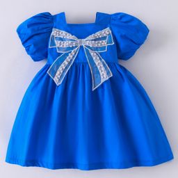 Mark & Mia Cotton Half Puffed Sleeves Frock with Bow Applique & PearlSequin Detailing - Blue-image-50