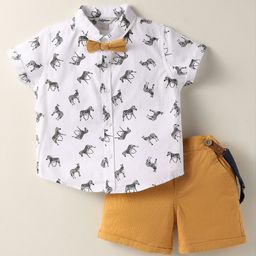 ToffyHouse Poplin Woven Half Sleeves Zebra Printed Shirt & Shorts With Bow & Suspender - White & Mustard-image-91