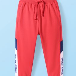 Babyhug Terry Knit Full Length Track Pants with Sport Theme Text Print - Red-image-44