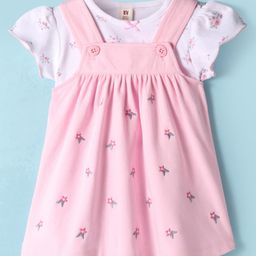 ToffyHouse Interlock Knit Frock & Half Sleeves Inner Tee With Floral Print & Embroidery - Pink & White-image-78