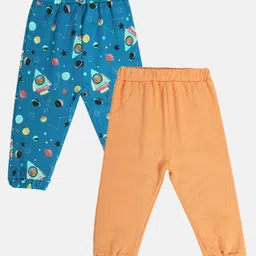 MINI KLUB Cotton Pack Of 2 Solid & Space Theme Printed Pajamas - Blue & Peach-picture-15