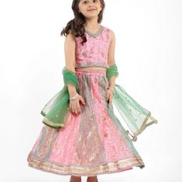 Babyhug Woven Sleeveless Choli Lehenga & Dupatta Set With Floral Embroidery Sequin & Lace Detailing -Pink & Green-image-9