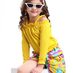 OLLINGTON ST. Cotton Popcorn Full Sleeves Top & Printed Knit Shorts & Fabric Belt - Yellow & Multicolor-image-14