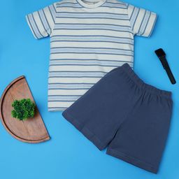 RAINE AND JAINE Cotton Knit Half Sleeves Striped Tee & Shorts Set - White & Blue-image-55