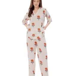Piu Cotton Woven Three Fourth Sleeves Floral Printed Coordinating Night Suit Set - White-image-44