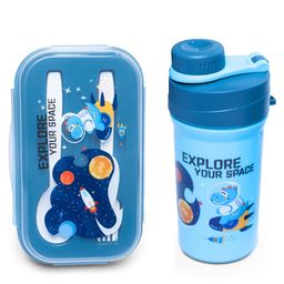 TONY STARK Kids Lunch Box and Water Bottle Set | Leak-Proof, BPA-Free, with Spoon & Fork | Perfect for School & Travel (Small Blue Space Dino)-14