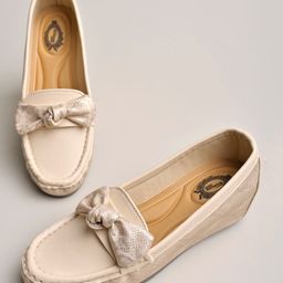 Shoetopia Bow Applique Detailed & Textured Slip On Loafers - Cream-image-65