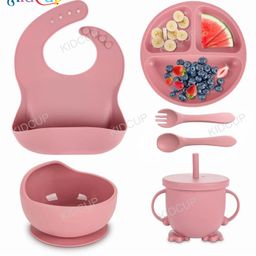 Kidcup 6 Pcs Silicone Baby Feeding Set, BPA Free & Microwave Safe Dinner Tableware Kit - Feeding Bowl, Suction Plate, Cup, Spoon, Fork & Bib for Kids (Pink) (Color & design may vary)-image-61