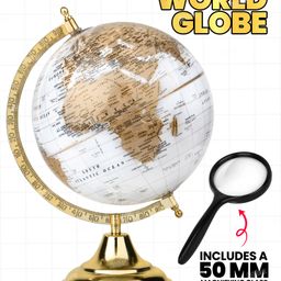 Fiddlerz Globe for Student Kids Learning 12 Inches Decorative World Globe with 360° Rotation Metal Stand and 50mm Magnifying Glass for Home Decor & Office Tables (Gold & White)-image-84